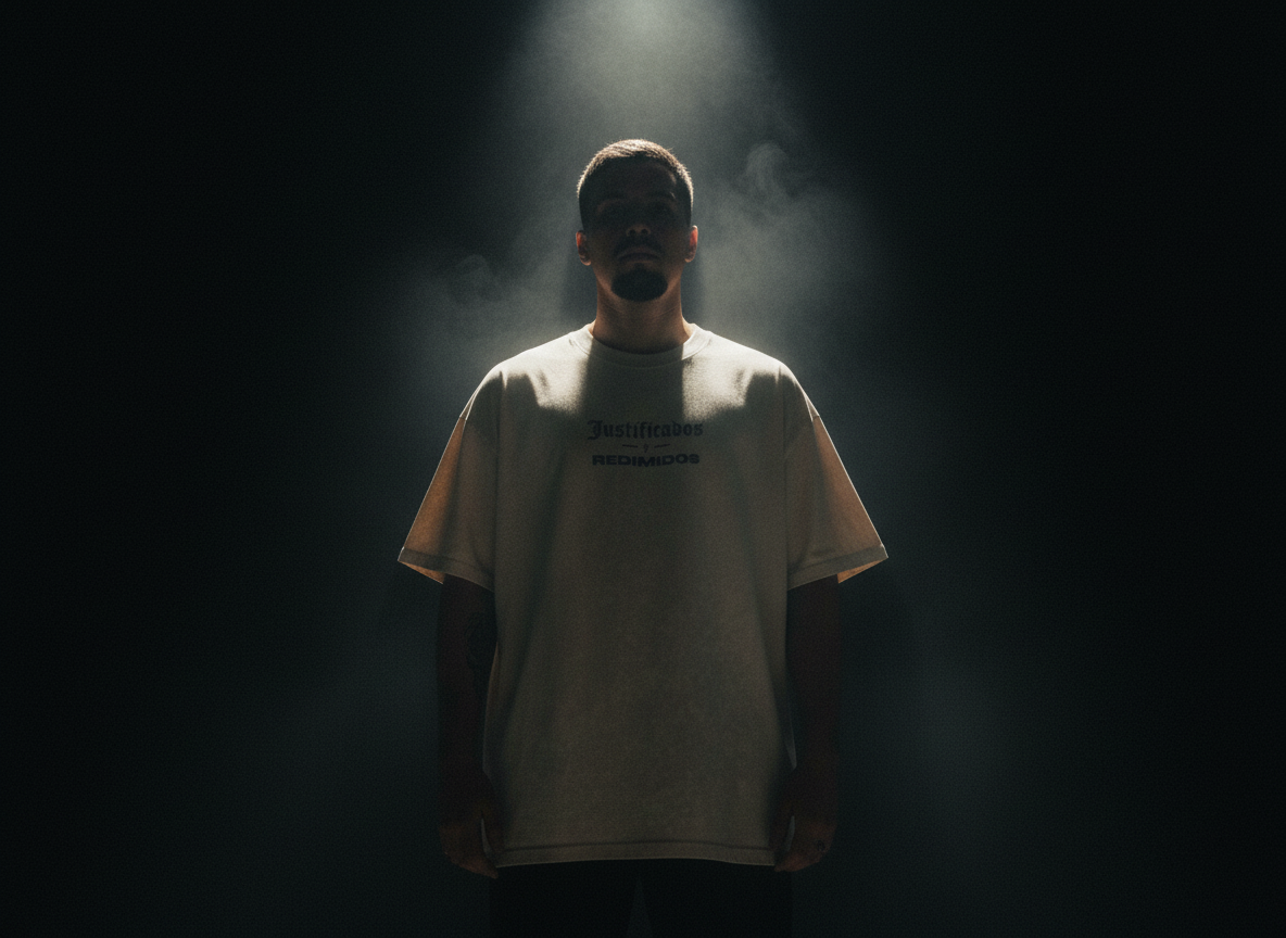 Man wearing JUSTIFICADOS Y REDIMIDOS Christian tee, front view, dramatic lighting