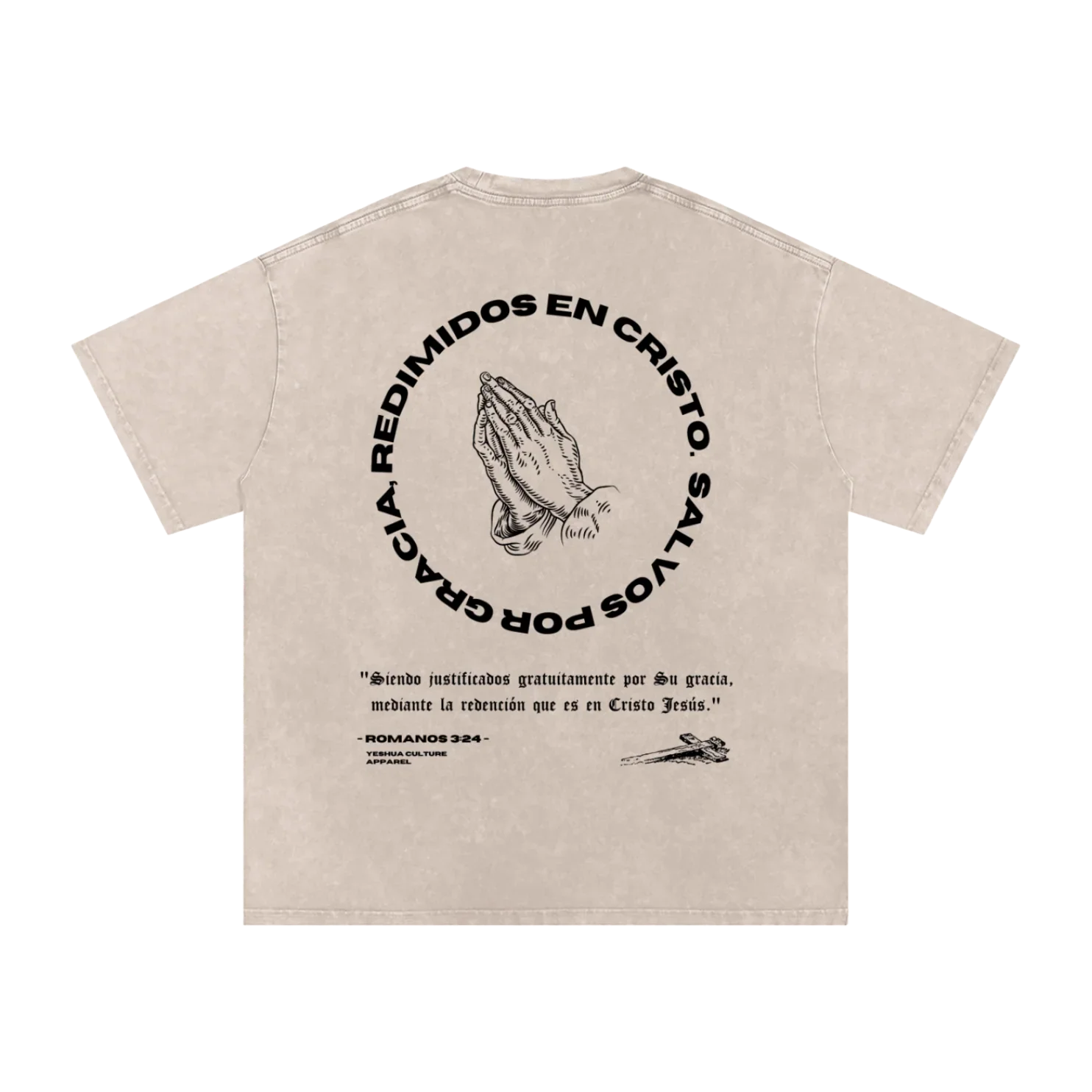 JUSTIFICADOS Y REDIMIDOS Oversized Christian Tee back view con Romanos 3:24