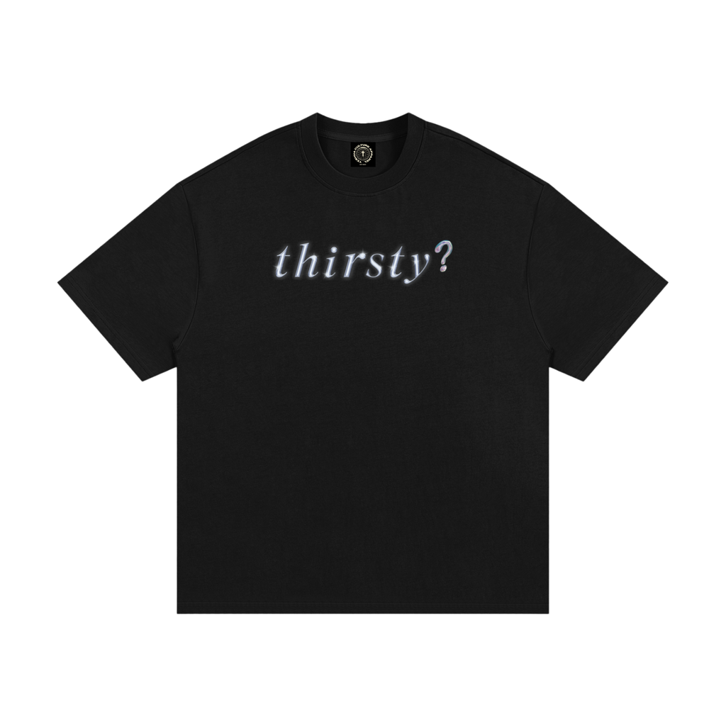LIVING WATER Christian tee front view with "thirsty?" chest text