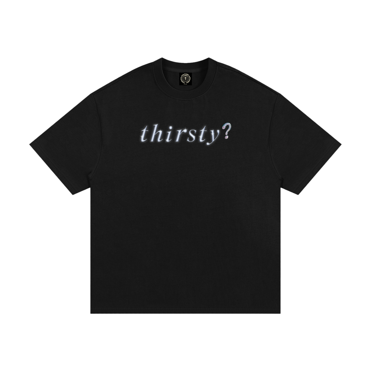 LIVING WATER Christian tee front view with "thirsty?" chest text