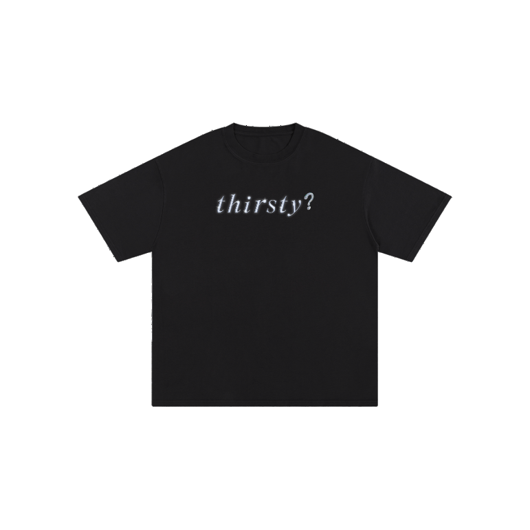 360° rotating view of the LIVING WATER Oversized Luxe Tee in acid washed black, featuring minimalist ‘thirsty?’ front and Living Water back graphic with John 7:37–38 verse — Yeshua Culture Apparel.