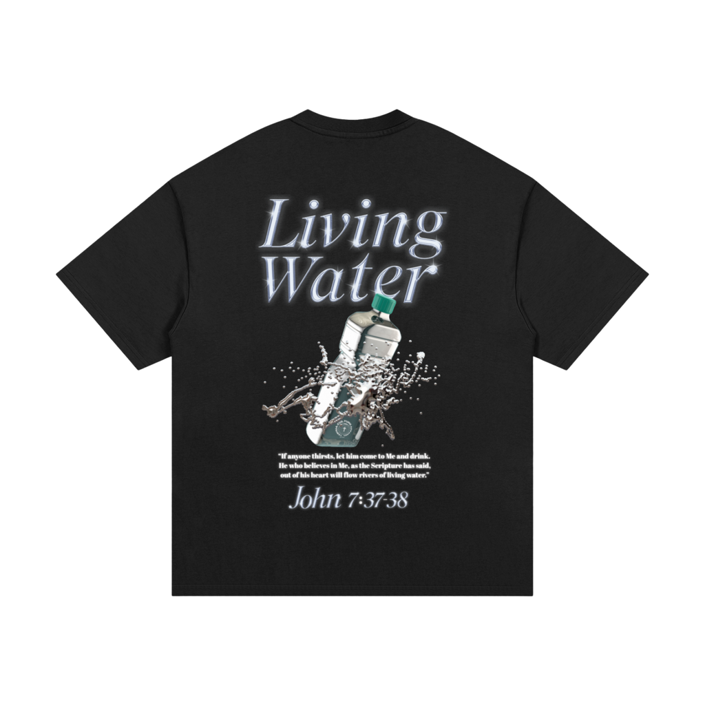 Back of LIVING WATER tee featuring John 7:37-38 graphic design