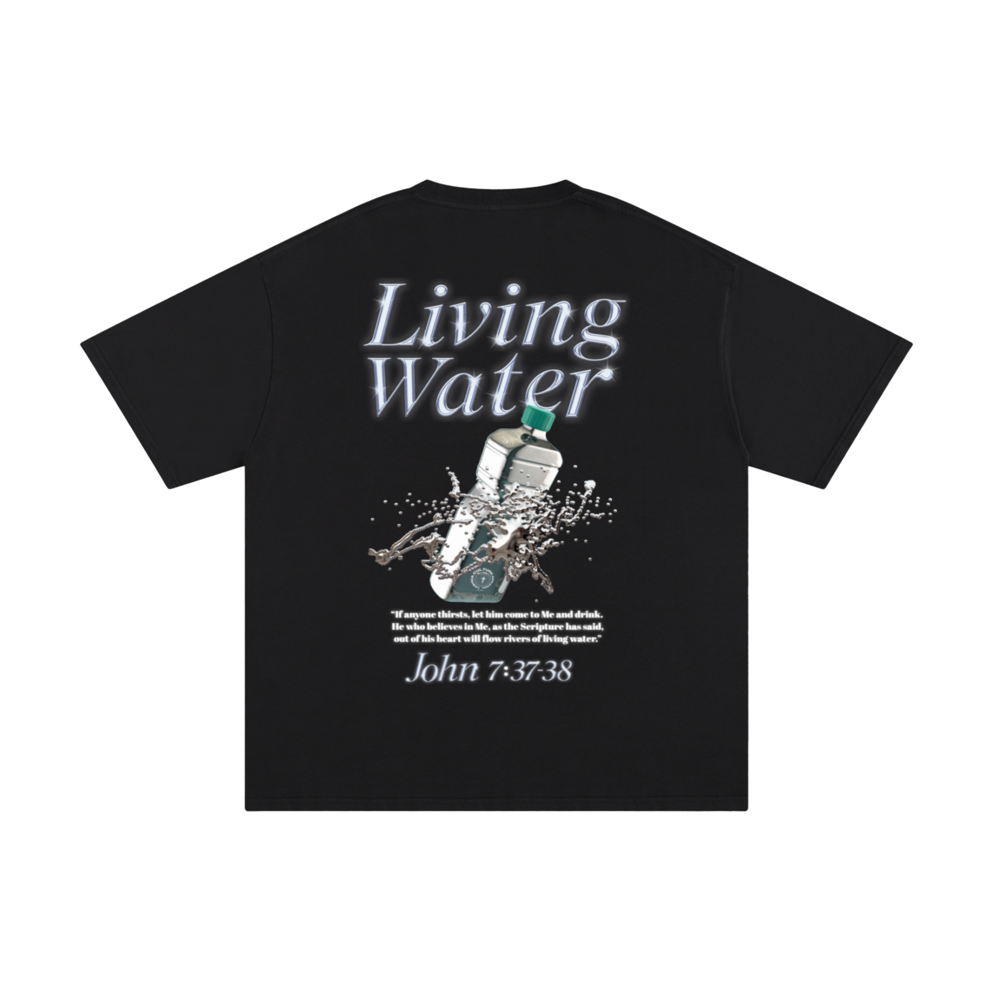 LIVING WATER tee back design with John 7:37–38 scripture and water splash graphic – Yeshua Culture Apparel.