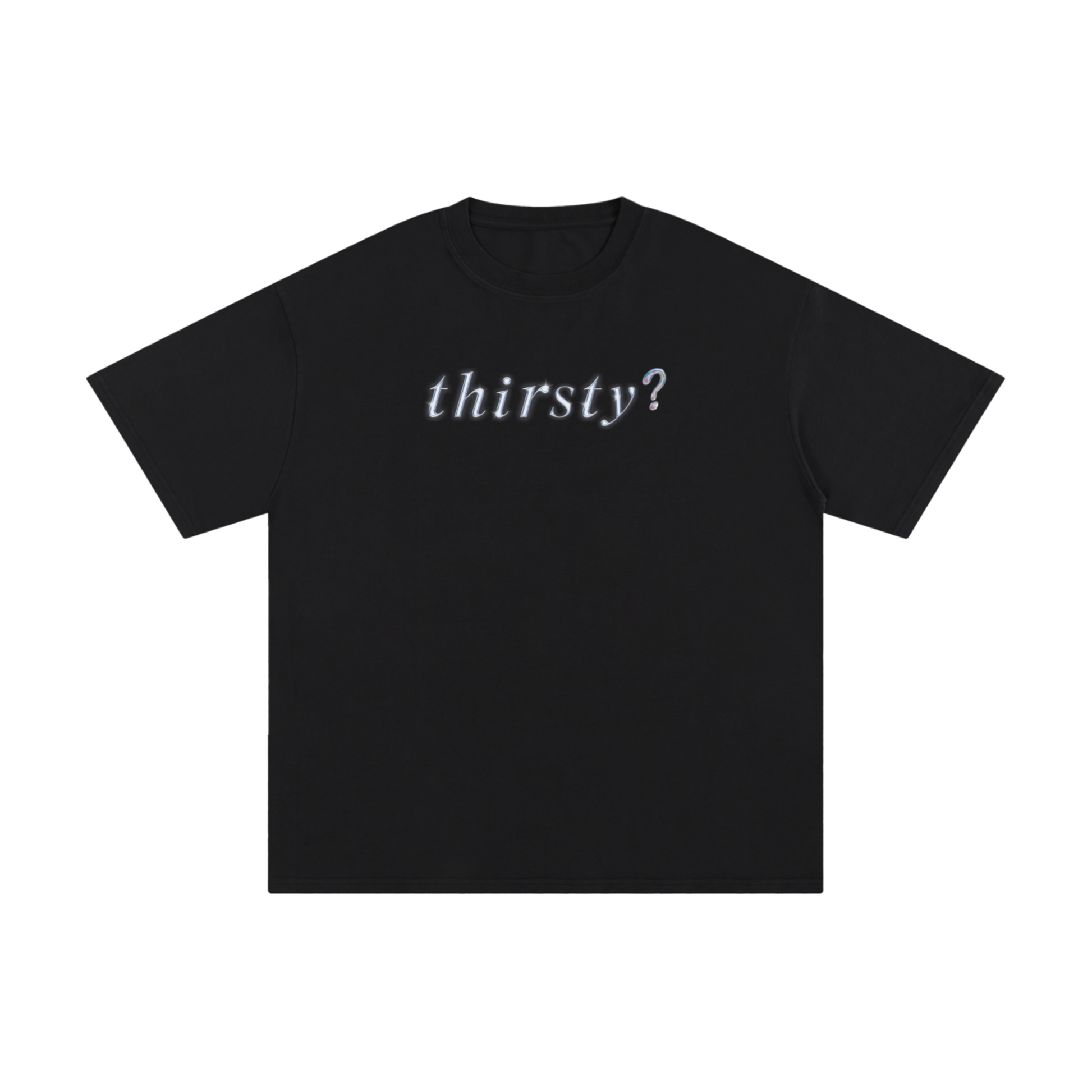 LIVING WATER tee front design – acid washed black with ‘thirsty?’ text – Yeshua Culture Apparel.