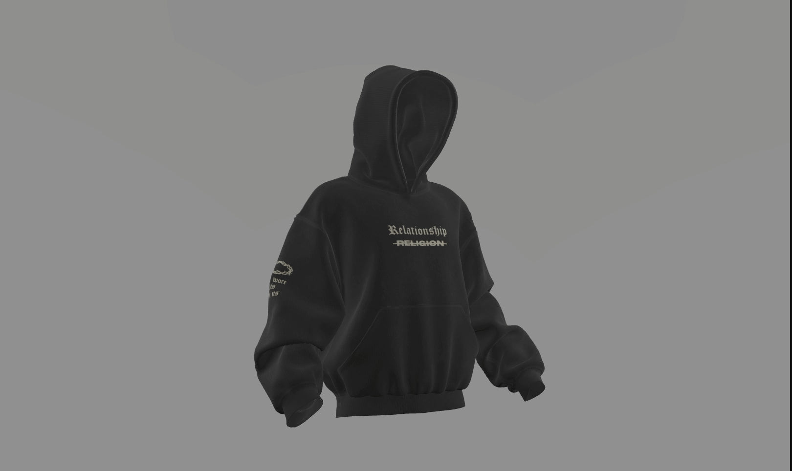 3D rotating render of ABOVE RELIGION Christian hoodie, front "Relationship over Religion" print and sleeve detail