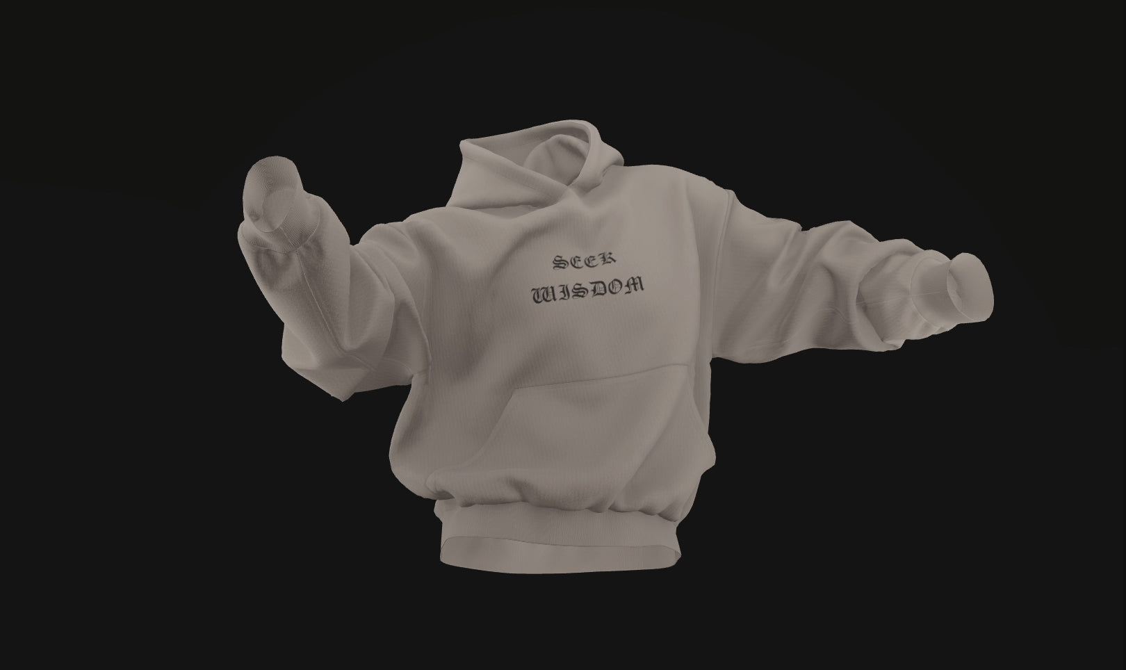 3D rotating render of SEEK WISDOM Christian hoodie, sand colorway, front chest print