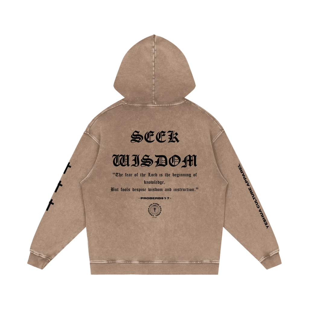 Back of SEEK WISDOM hoodie featuring Proverbs 1:7 verse design