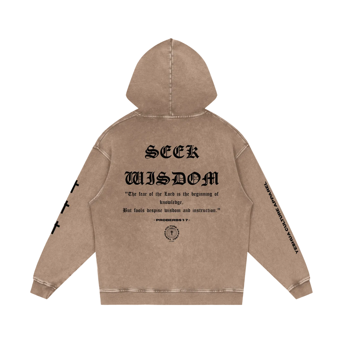 Back of SEEK WISDOM hoodie featuring Proverbs 1:7 verse design