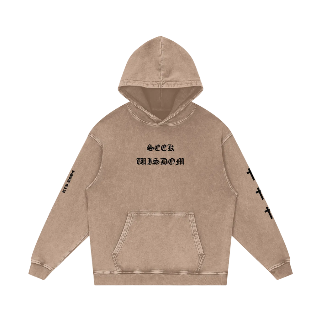 SEEK WISDOM Christian hoodie front view, sand colorway