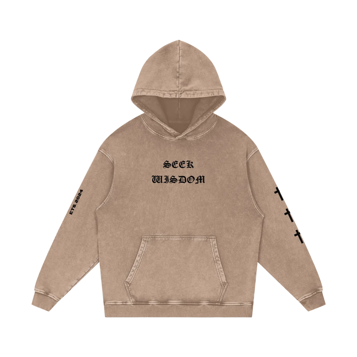 SEEK WISDOM Christian hoodie front view, sand colorway