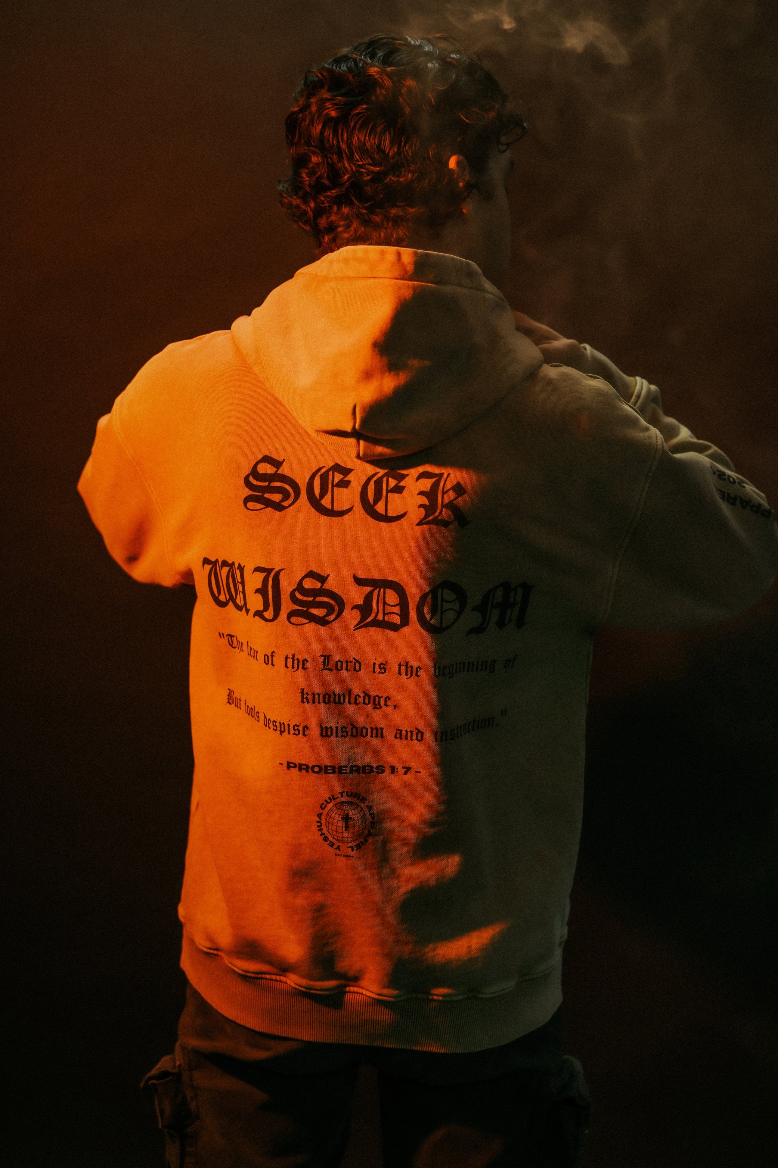 Man wearing SEEK WISDOM hoodie, back verse graphic, warm-lit lifestyle shot