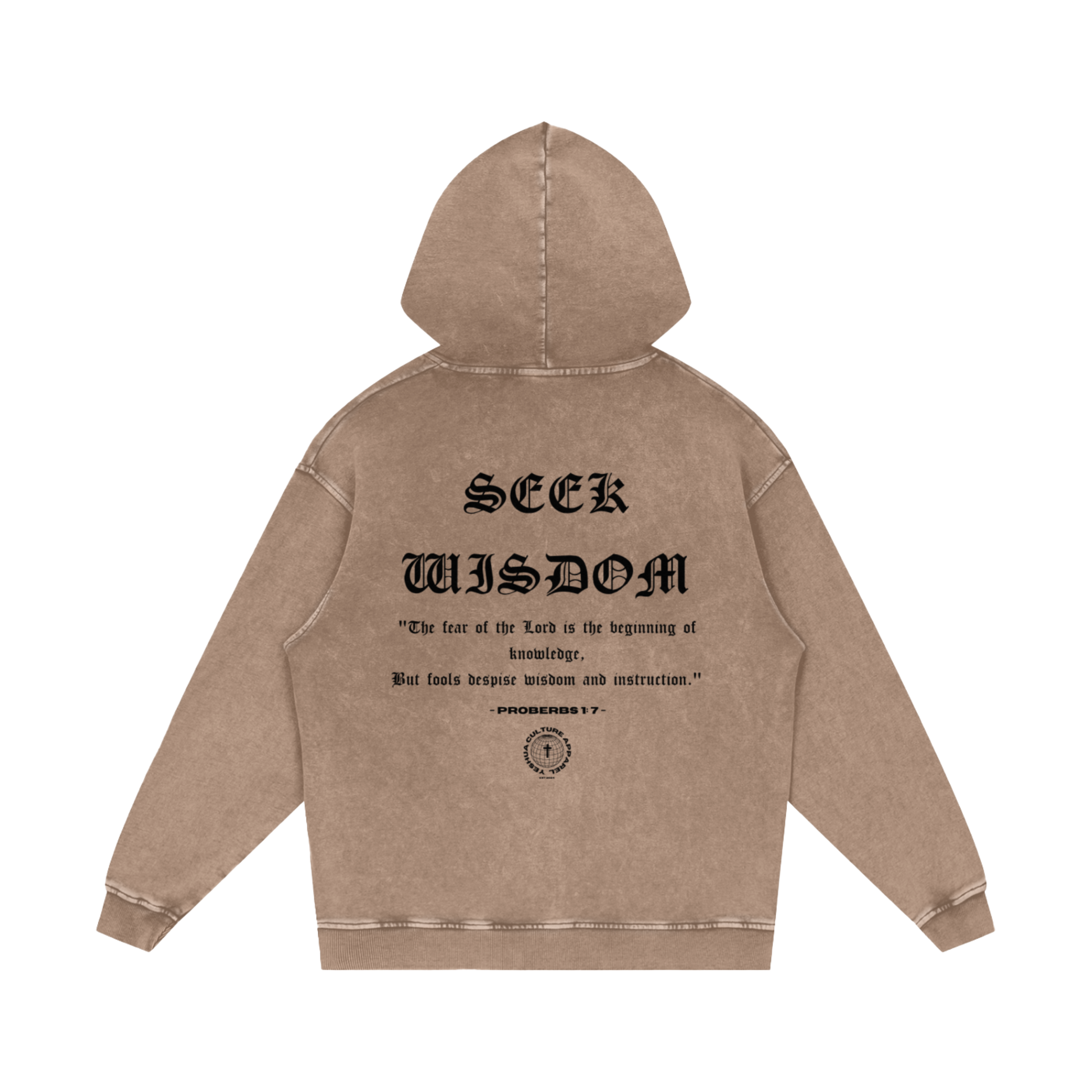 SEEK WISDOM Oversized Christian Hoodie back view with Proverbs 1:7 scripture print — bold oversized Christian streetwear