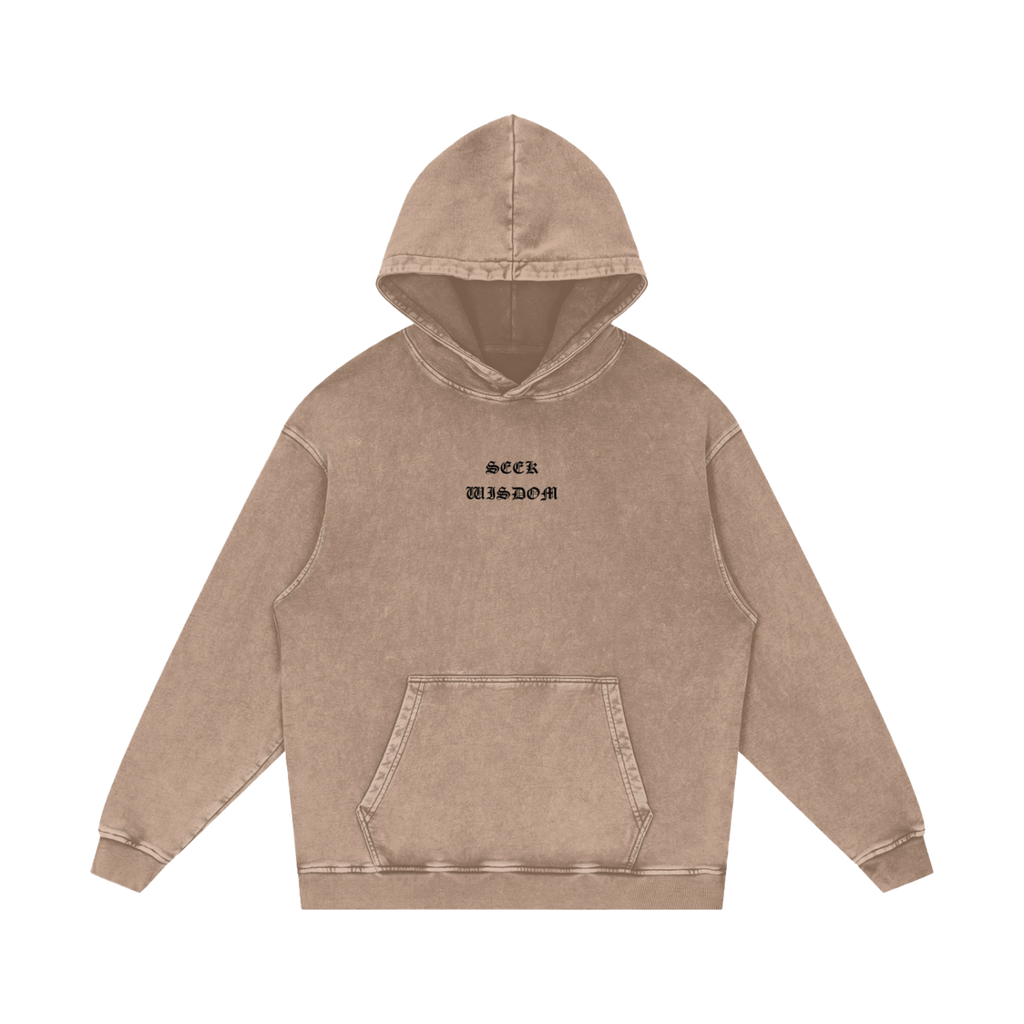 SEEK WISDOM Oversized Christian Hoodie front view — Proverbs 1:7 chest design, heavyweight sand color
