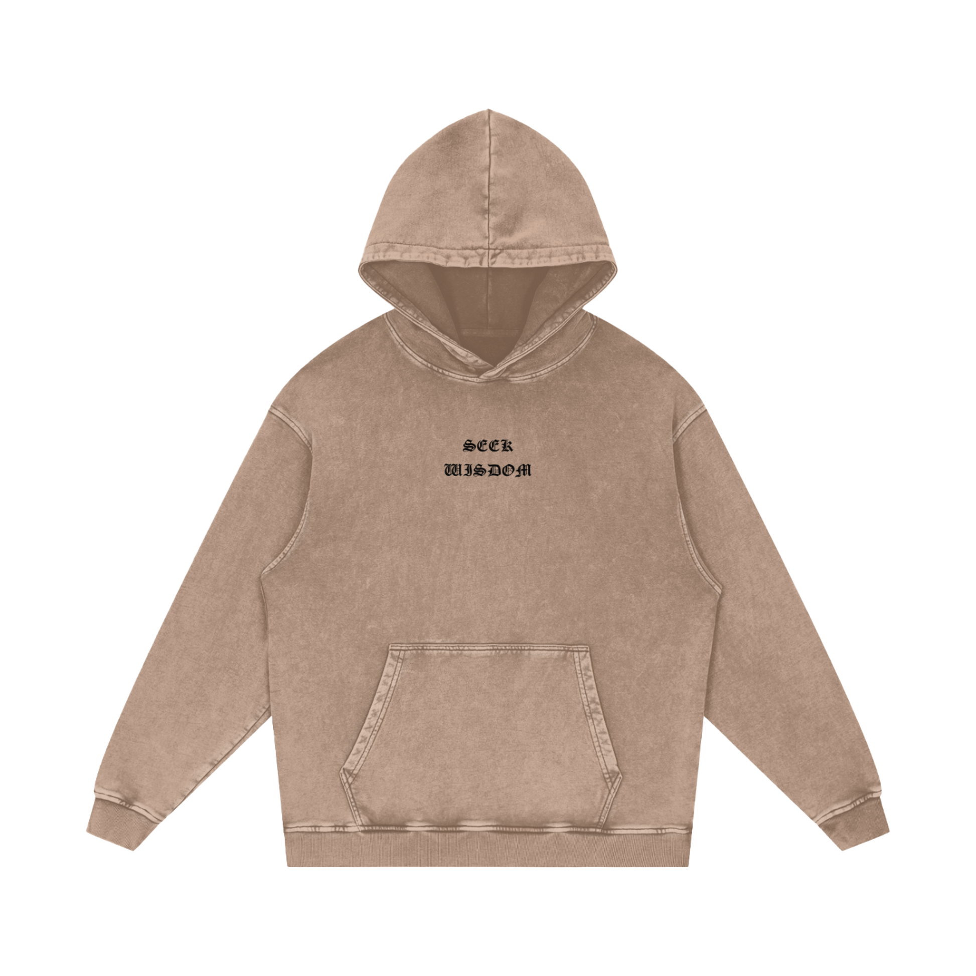 SEEK WISDOM Oversized Christian Hoodie front view — Proverbs 1:7 chest design, heavyweight sand color