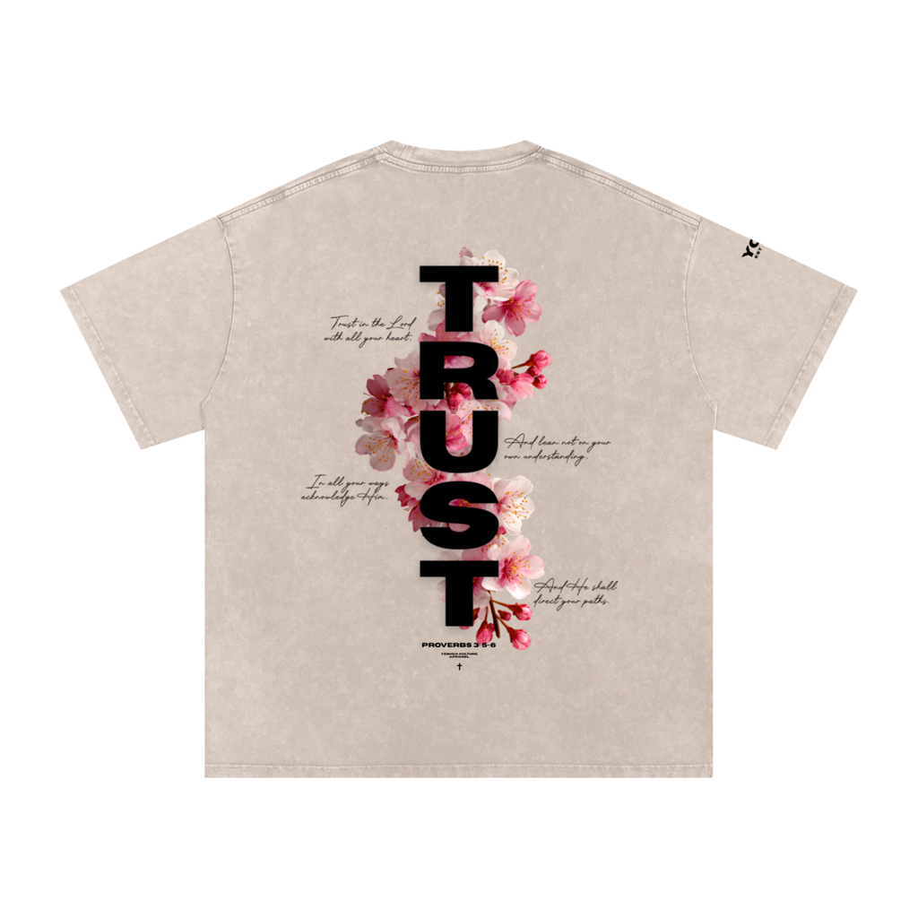 TRUST Tee 2.0 back design featuring Proverbs 3:5-6 and floral artwork, BSM x YCA collab