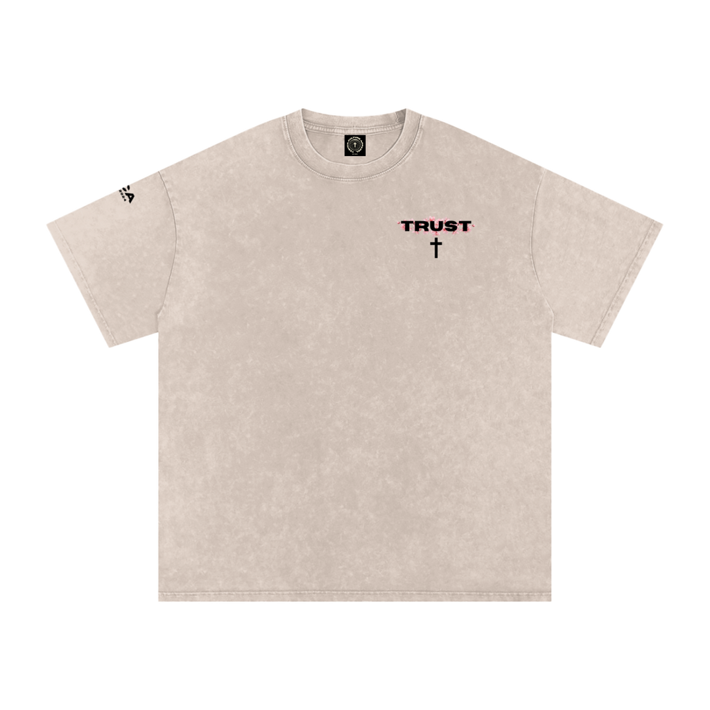 TRUST Tee 2.0 front view, oversized Christian t-shirt with chest cross logo