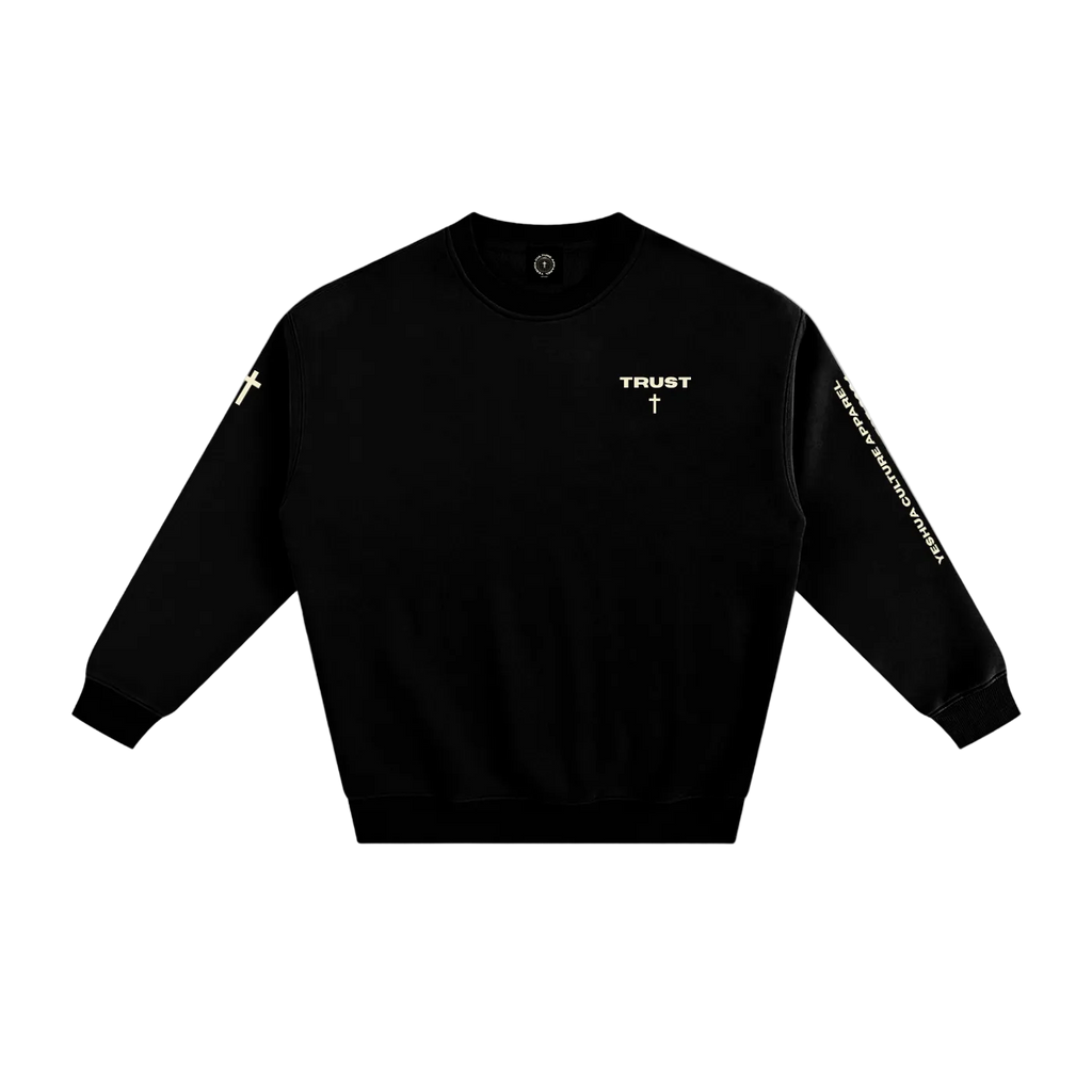 TRUST oversized Christian crewneck sweater in black, front view with chest cross design