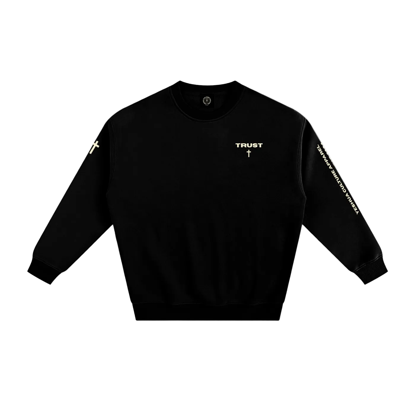 TRUST oversized Christian crewneck sweater in black, front view with chest cross design