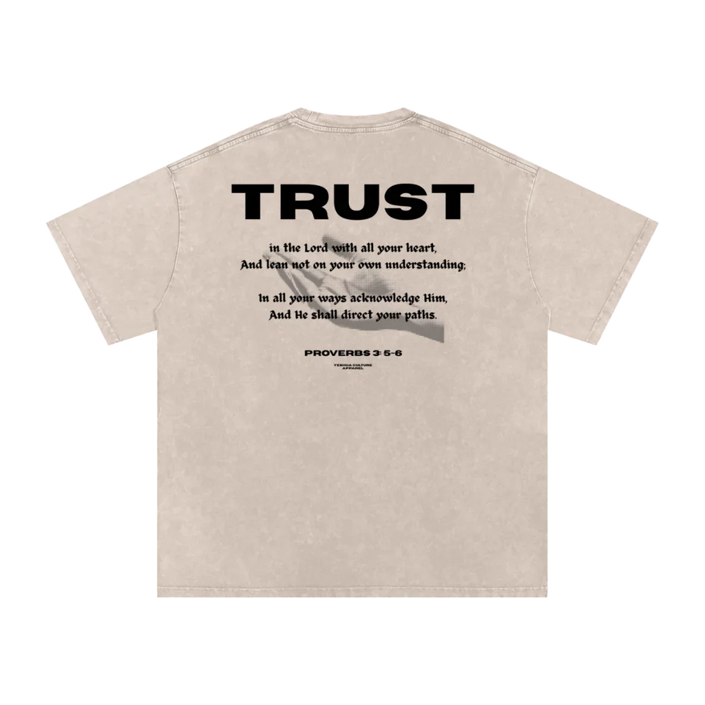 TRUST Oversized Christian Tee back view featuring Proverbs 3:5–6 scripture