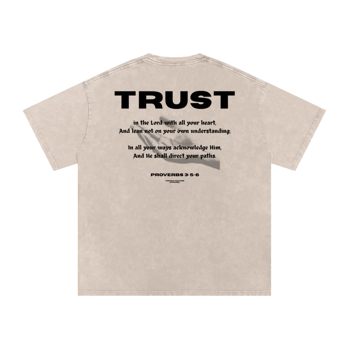 TRUST Oversized Christian Tee back view featuring Proverbs 3:5–6 scripture