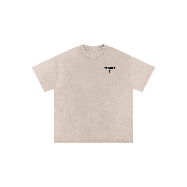 TRUST Oversized Christian Tee rotating view showing front and back with Proverbs 3:5–6