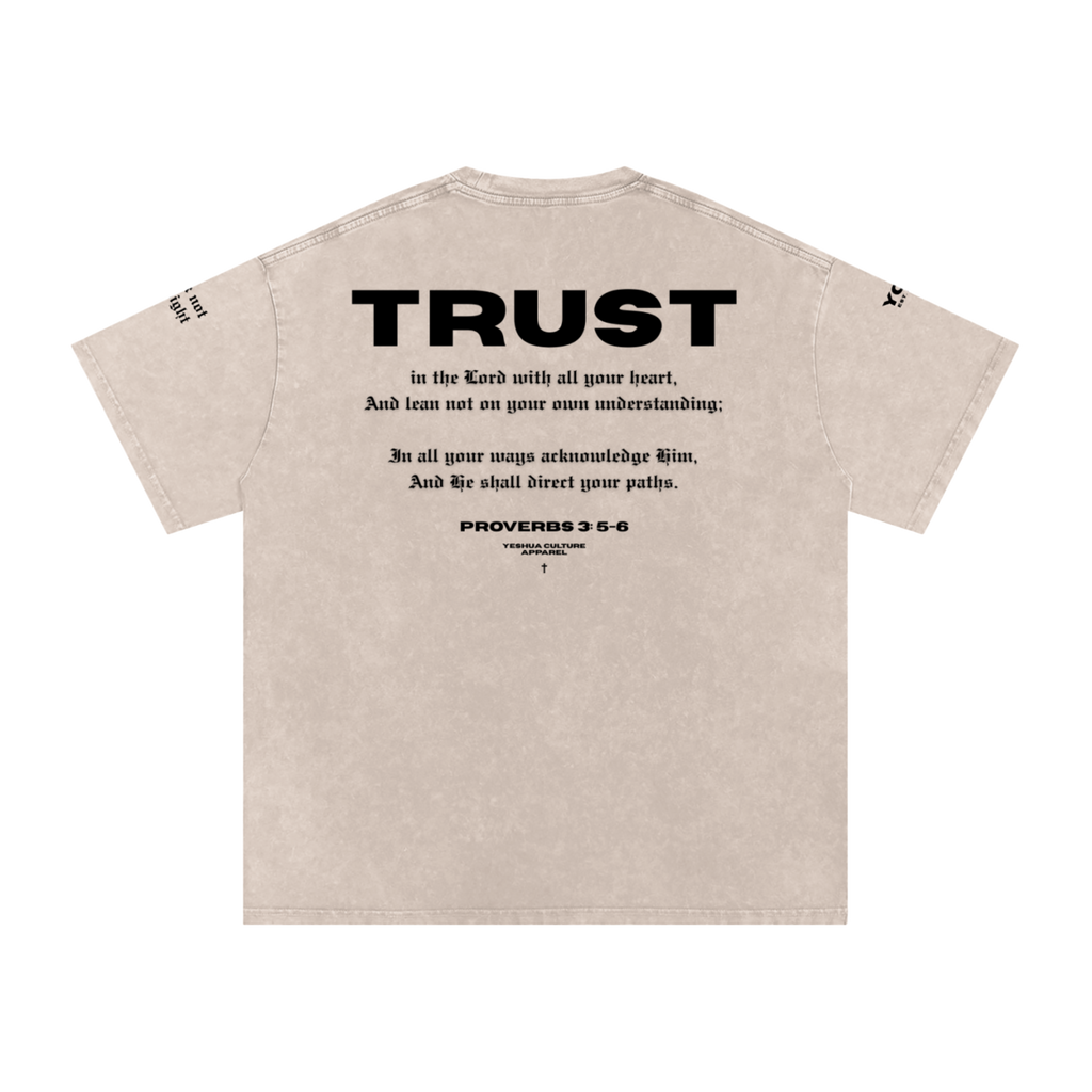 Back of TRUST tee featuring Proverbs 3:5-6 verse design