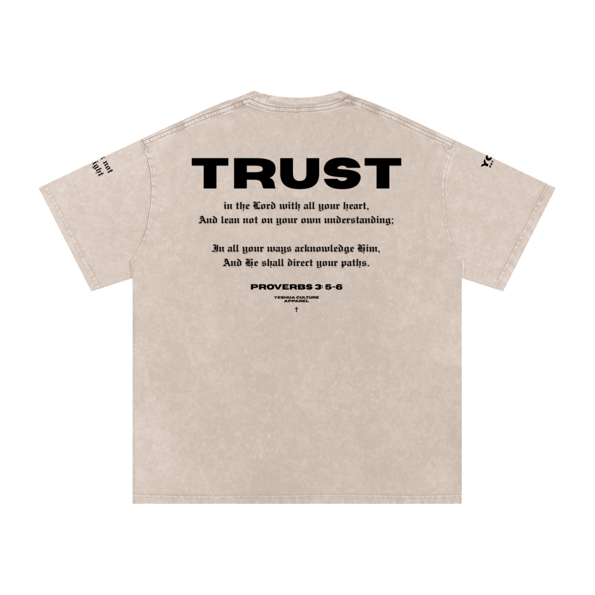 Back of TRUST tee featuring Proverbs 3:5-6 verse design