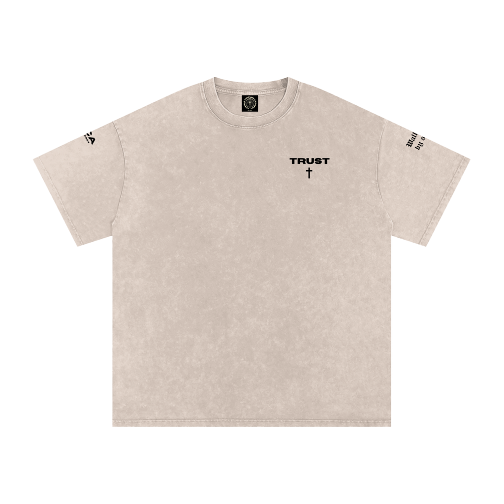 TRUST Christian tee front view with cross icon, sand colorway