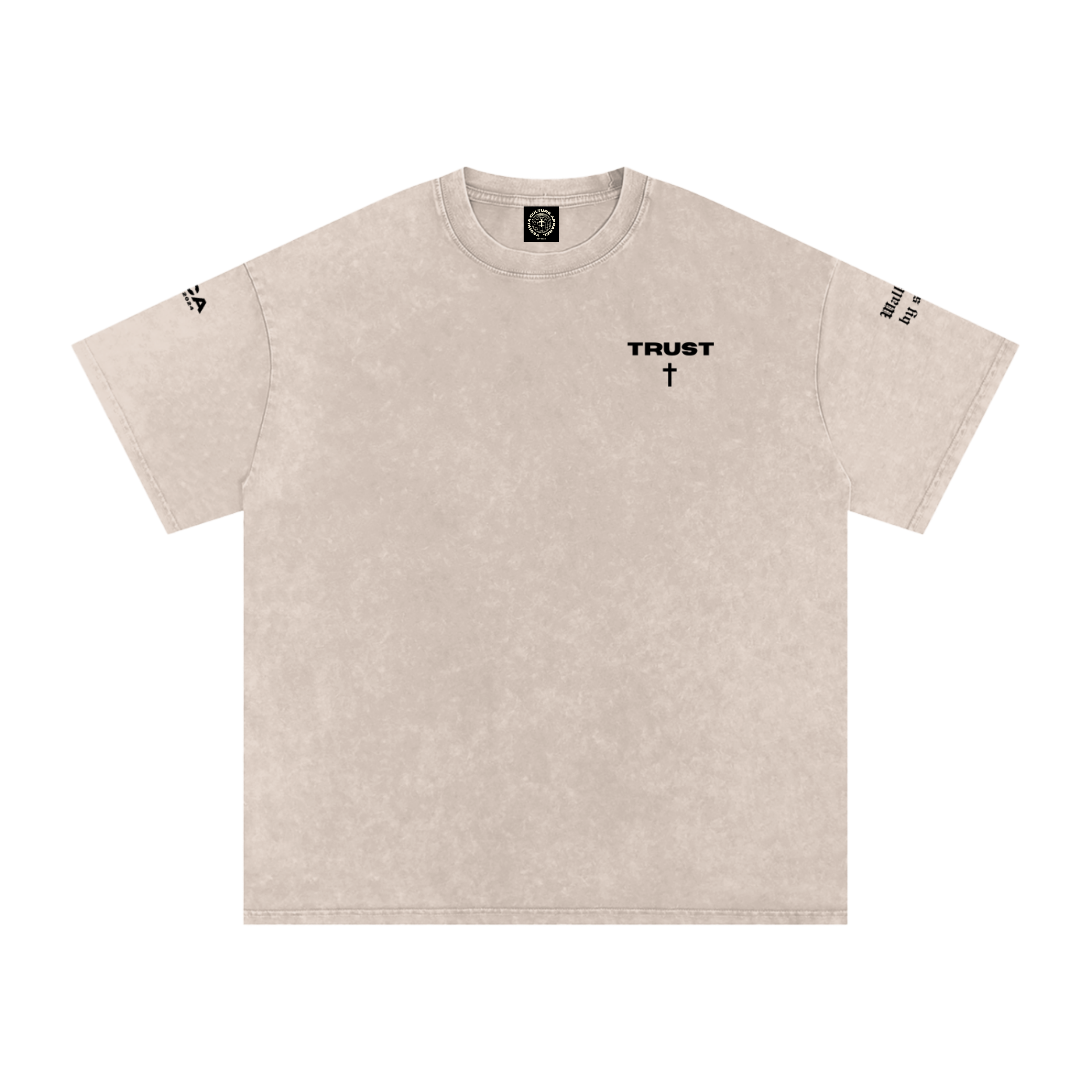 TRUST Christian tee front view with cross icon, sand colorway