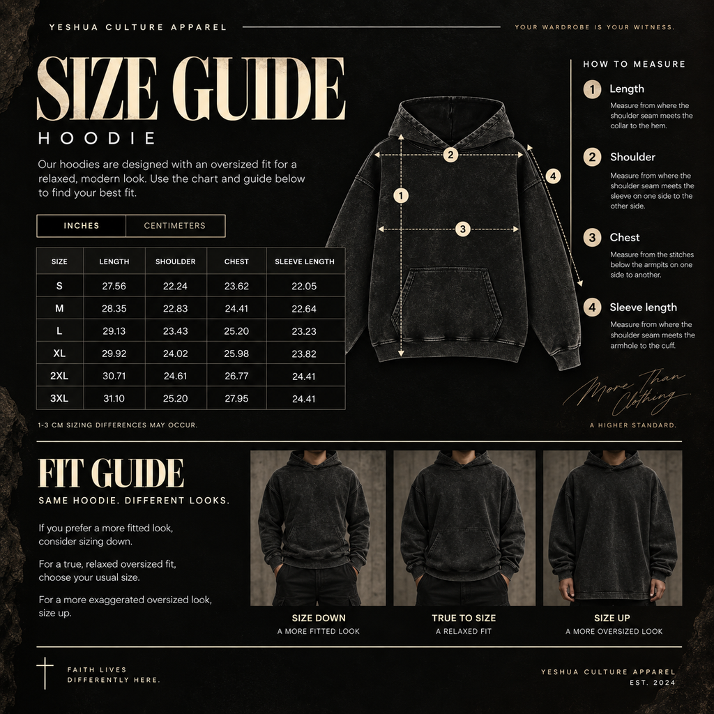 Yeshua Culture Apparel black acid-washed oversized hoodie size guide with measurements and fit recommendations