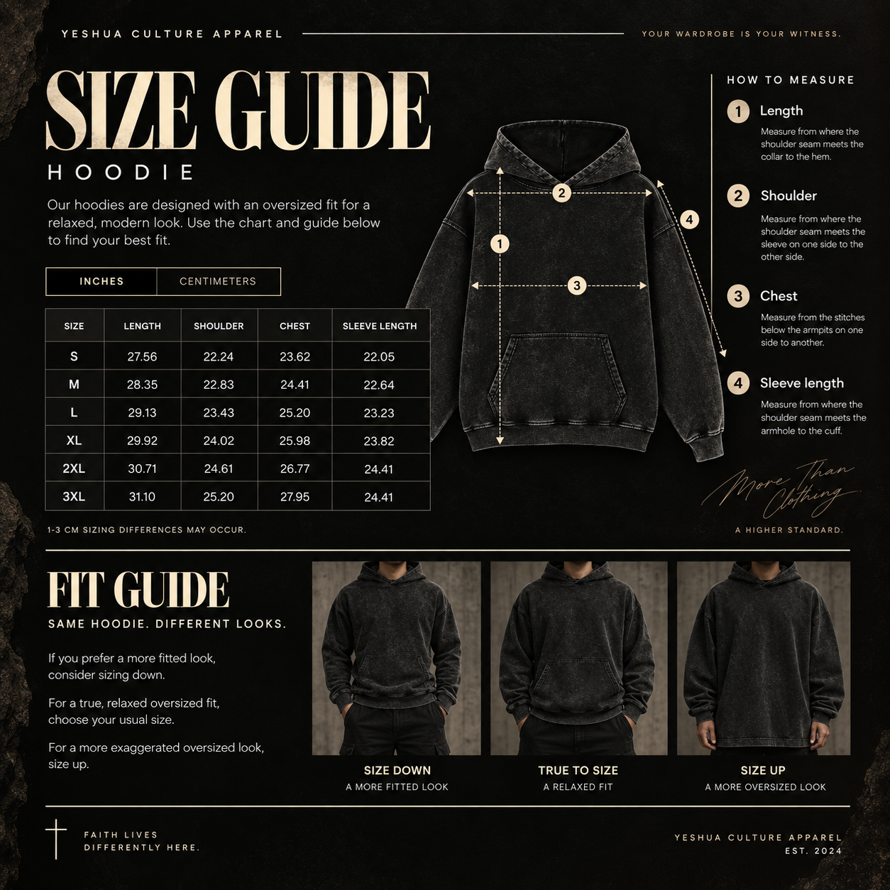 Yeshua Culture Apparel black acid-washed oversized hoodie size guide with measurements and fit recommendations
