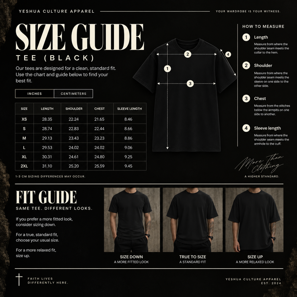 Yeshua Culture Apparel black tee size guide with measurements and standard fit recommendations