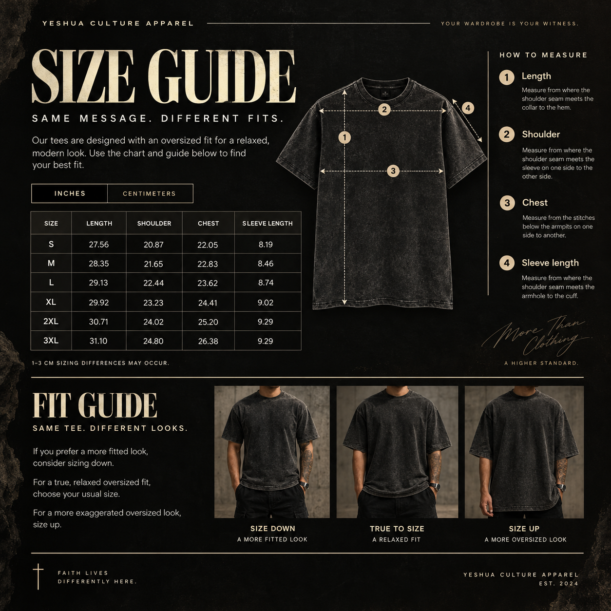 Yeshua Culture Apparel dark oversized tee size guide with measurements and fit recommendations from S to 3XL