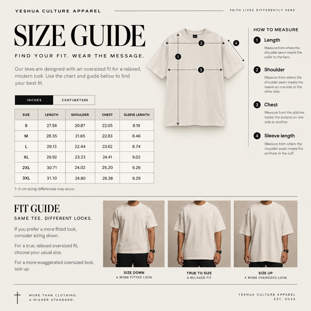 Yeshua Culture Apparel light oversized tee size guide with measurements and fit recommendations from S to 3XL