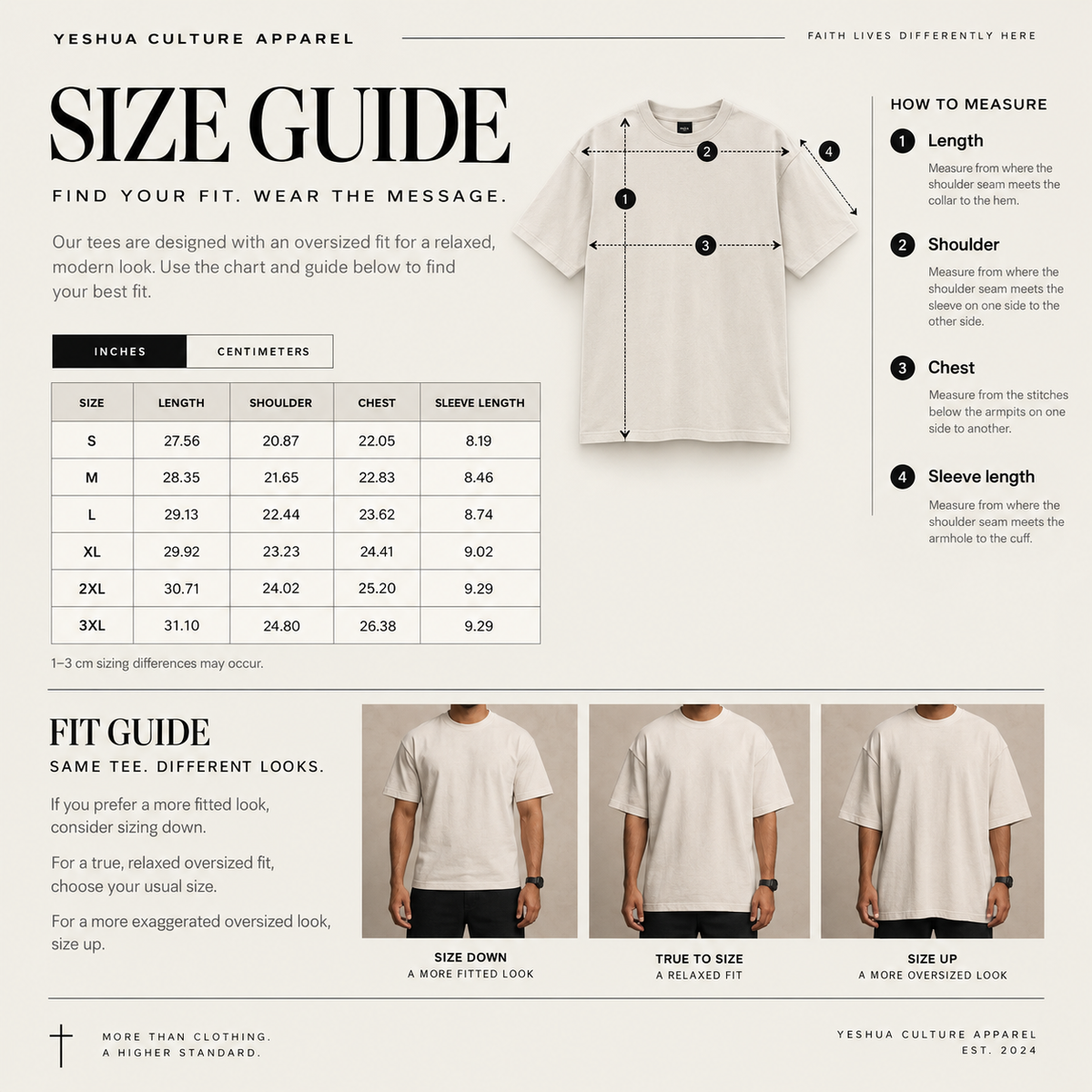 Yeshua Culture Apparel light oversized tee size guide with measurements and fit recommendations from S to 3XL