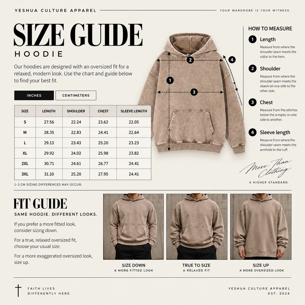 Yeshua Culture Apparel sand acid-washed oversized hoodie size guide with measurements and fit recommendations