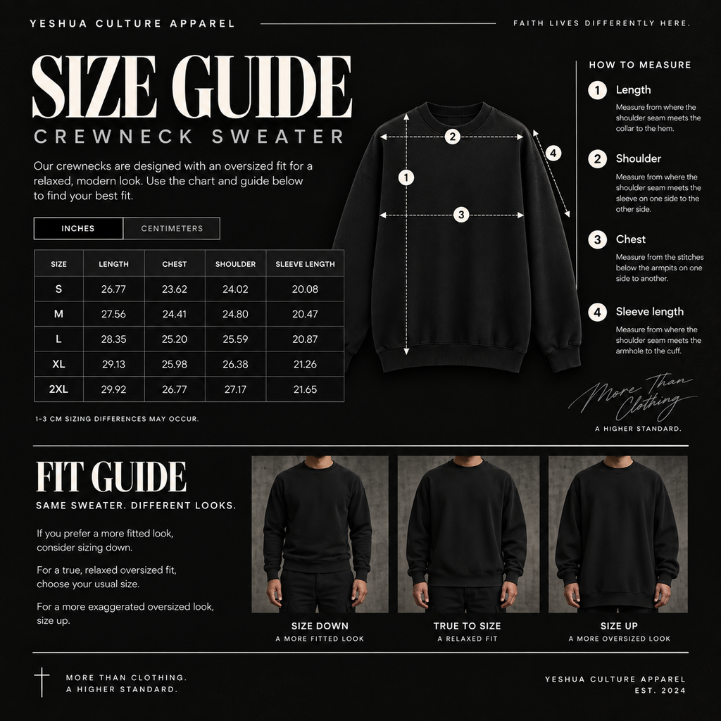 Yeshua Culture Apparel TRUST Crewneck Sweater size guide with measurements and oversized fit recommendations from S to 2XL