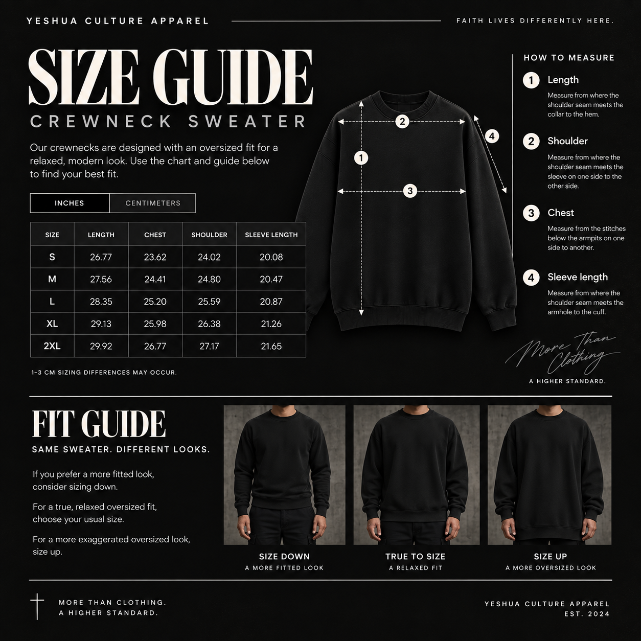 Yeshua Culture Apparel TRUST Crewneck Sweater size guide with measurements and oversized fit recommendations from S to 2XL